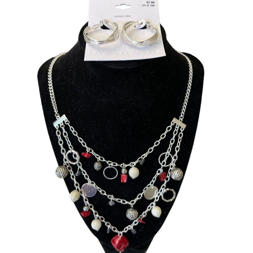Silver Tone Triple Layered Red Beaded Necklace 22 In Long And Hoop Earrings NWT